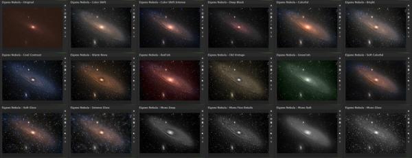 Bild mit Übersicht der Presets am Beispiel der Andromeda-Galaxie
