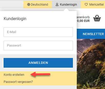 Screenshot - Menüleiste mit Kundenlogin und Link für Konto erstellen