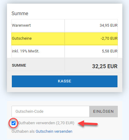 Screenshot - Verrechnung des Guthaben im Warenkorb