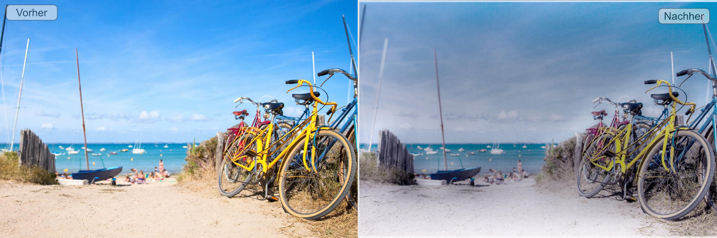 Vorher nachher Bild - Fahrräder am Strand mit analogem Look