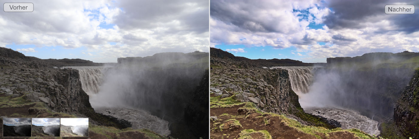 Vergleichsbild Aufnahme eines Wasserfalls als HDR sind die Details in den Schatten sehr gut sichtbar