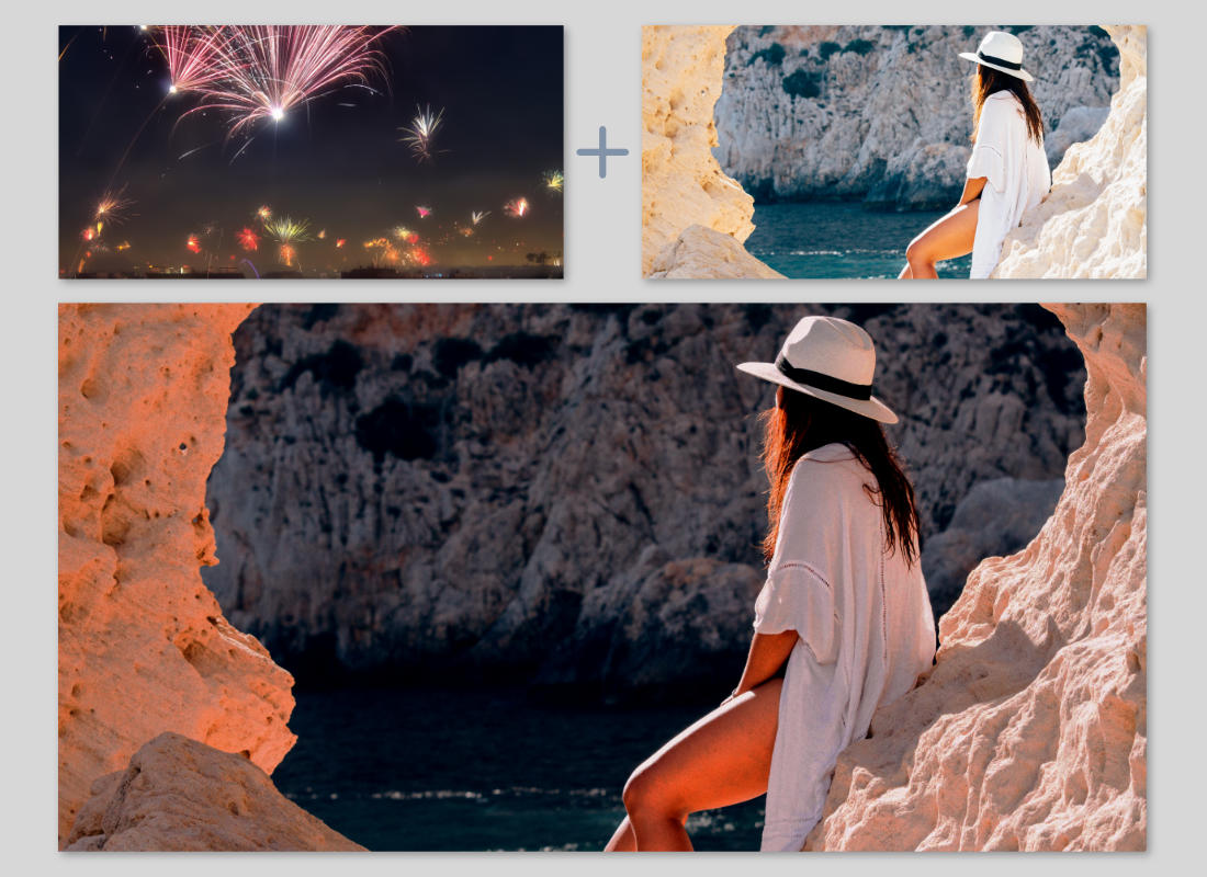 Beispiel - Bild mit Feuerwerk auf Bild mit Frau sitzend auf Felsen am Strand angewendet