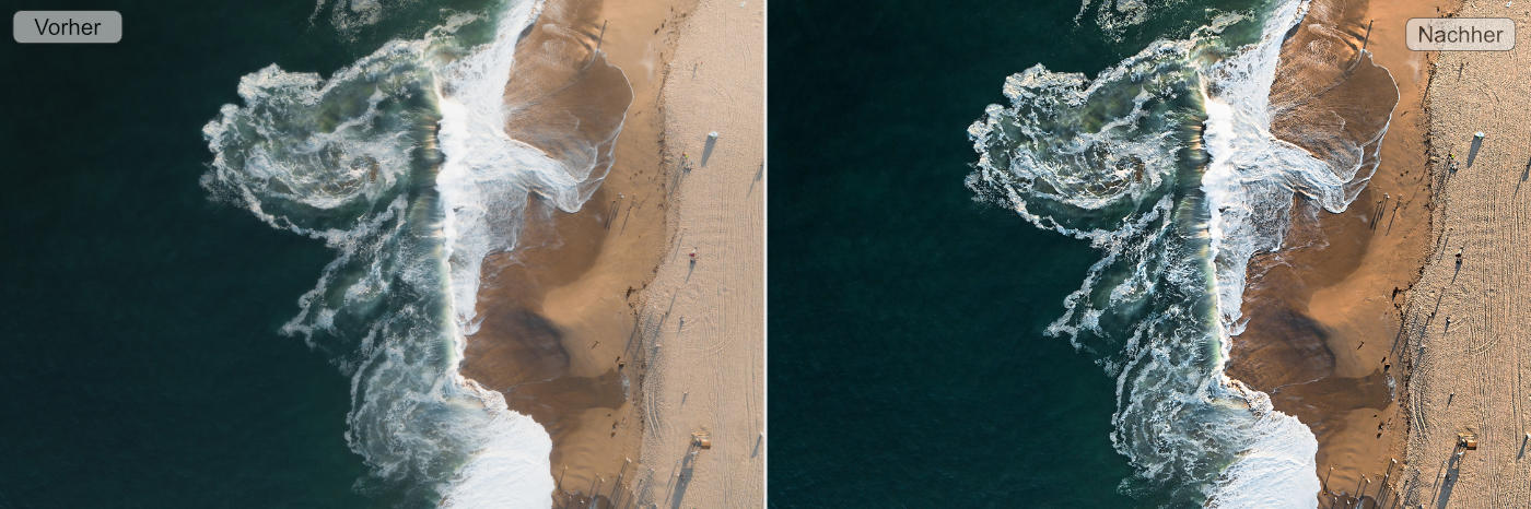 Vorher nachher Bild - Drohnenbild eines Strand geschärft mit Sharpen #4 professional
