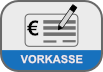 Icon rechteckig mit abgerundeten Ecken mit Eurozeichen Stift und Formularzeilenals einfache Vektorgrafik unteres viertel blauer Streifen mit Kürzel Vorkasse